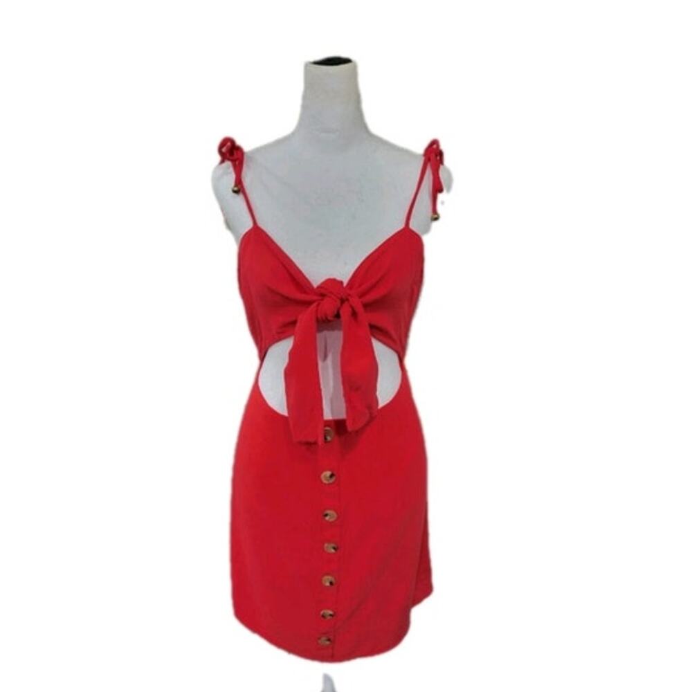 BNDI Linen‎ Mini Dress Women's Large Red Tie Knot Front Cutout Vacation Summer